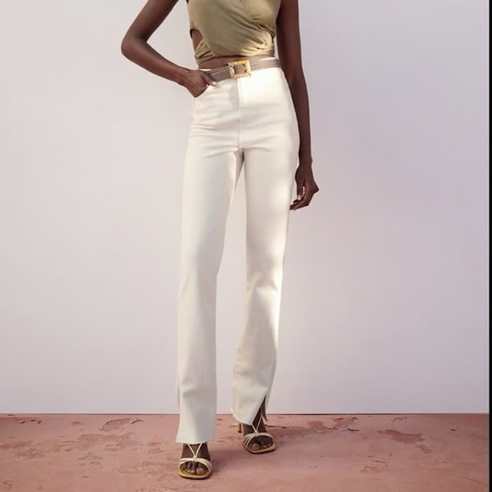 ZARA High Rise Slim Flare Full Length Split Jeans White Womens Size US 2